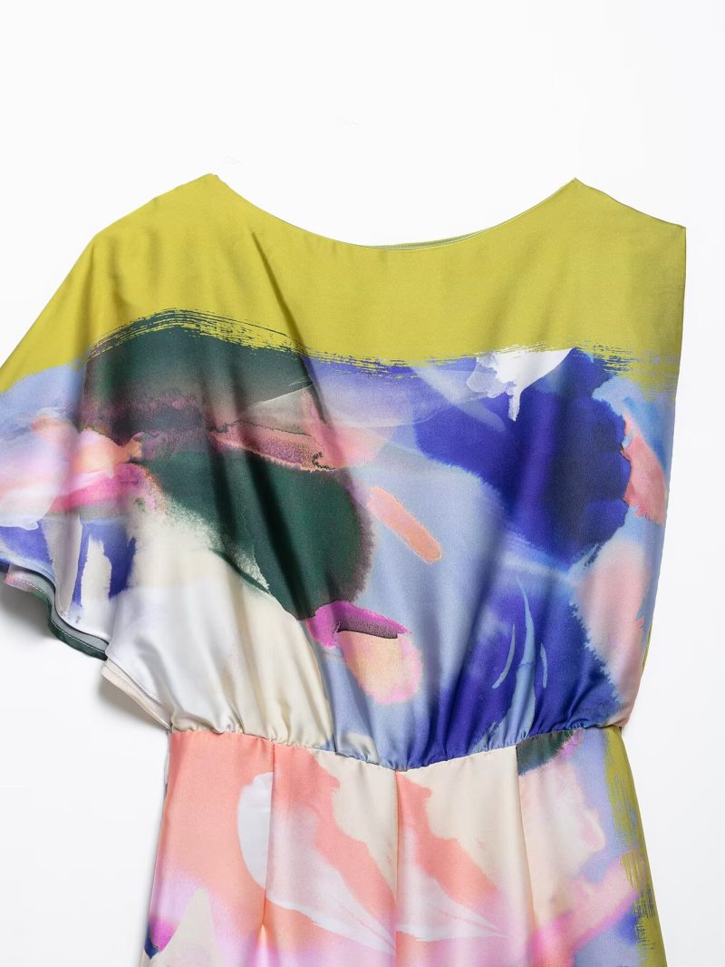 Summer Asymmetric Printed Waist-Defined Midi Dress - Image 4