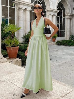 Cotton Maxi V-Neck Lace-Up Swing Dress