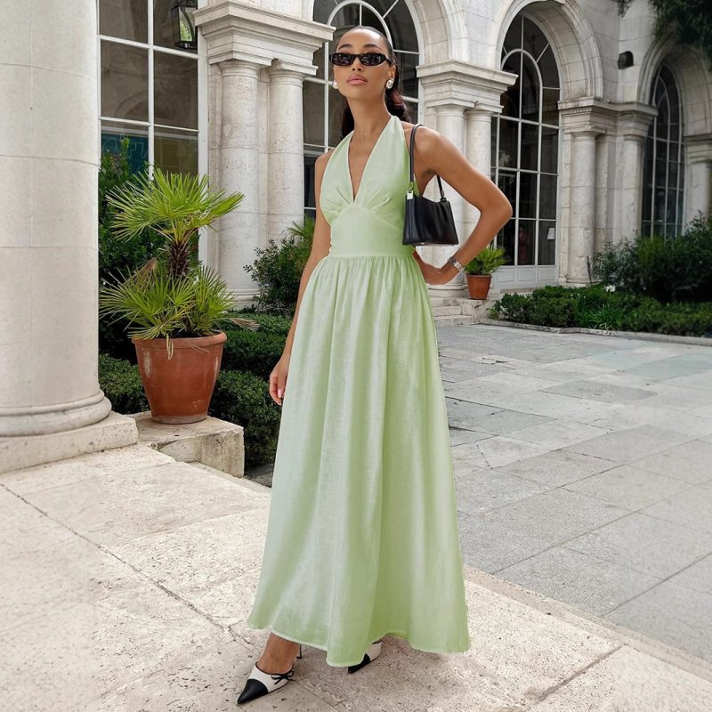 Cotton Maxi V-Neck Lace-Up Swing Dress