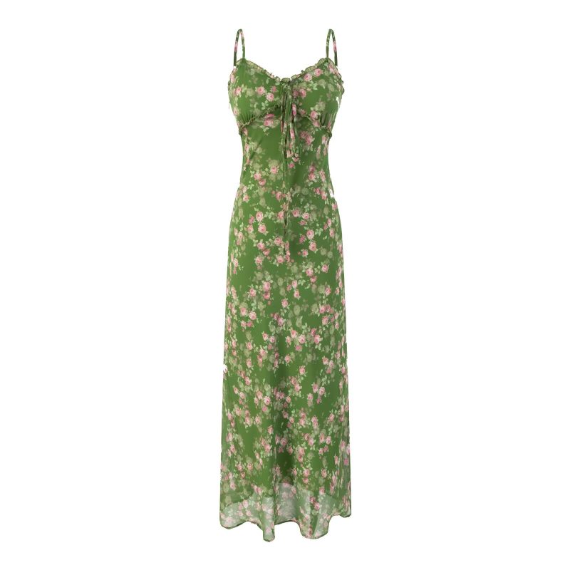 Floral Print Green Suspender Beach Dress