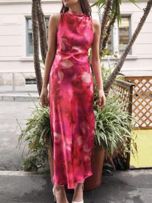Slim Silk Satin Printed Midi Dress Women