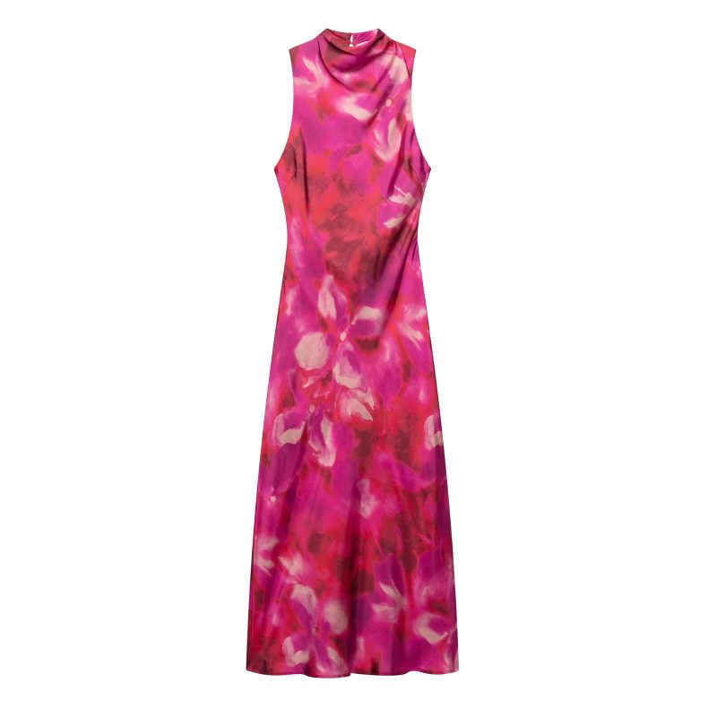 Slim Silk Satin Printed Midi Dress Women - Image 2