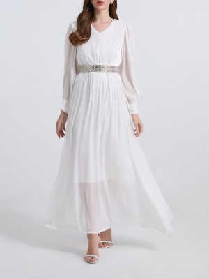Elegant Long Sleeve Diamond Belt Pleated Dress