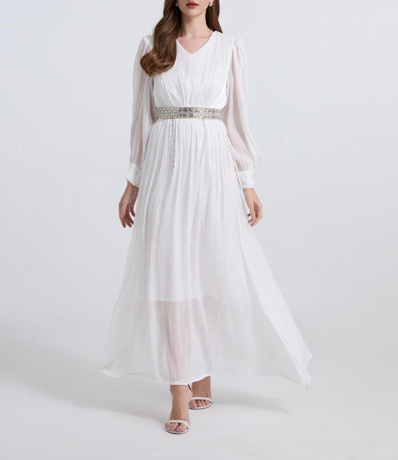 Elegant Long Sleeve Diamond Belt Pleated Dress