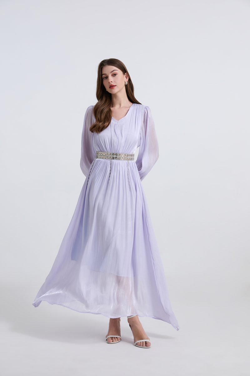 Elegant Long Sleeve Diamond Belt Pleated Dress - Image 2