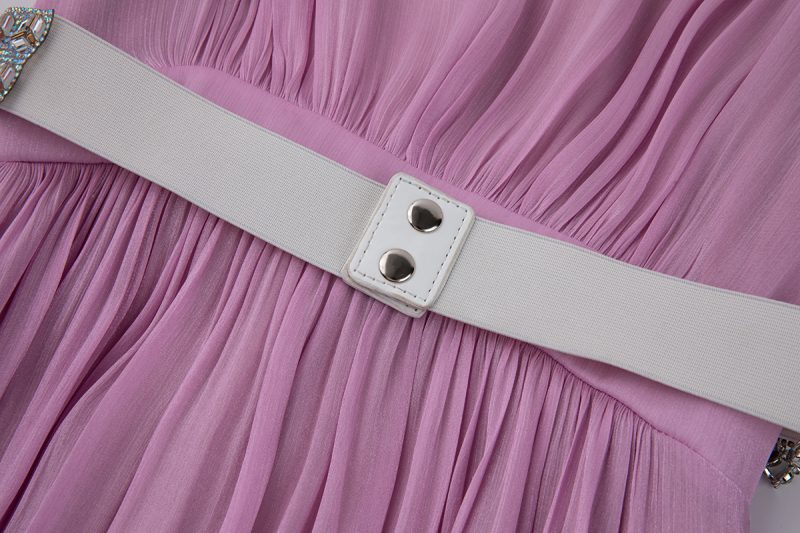 Elegant Long Sleeve Diamond Belt Pleated Dress - Image 4