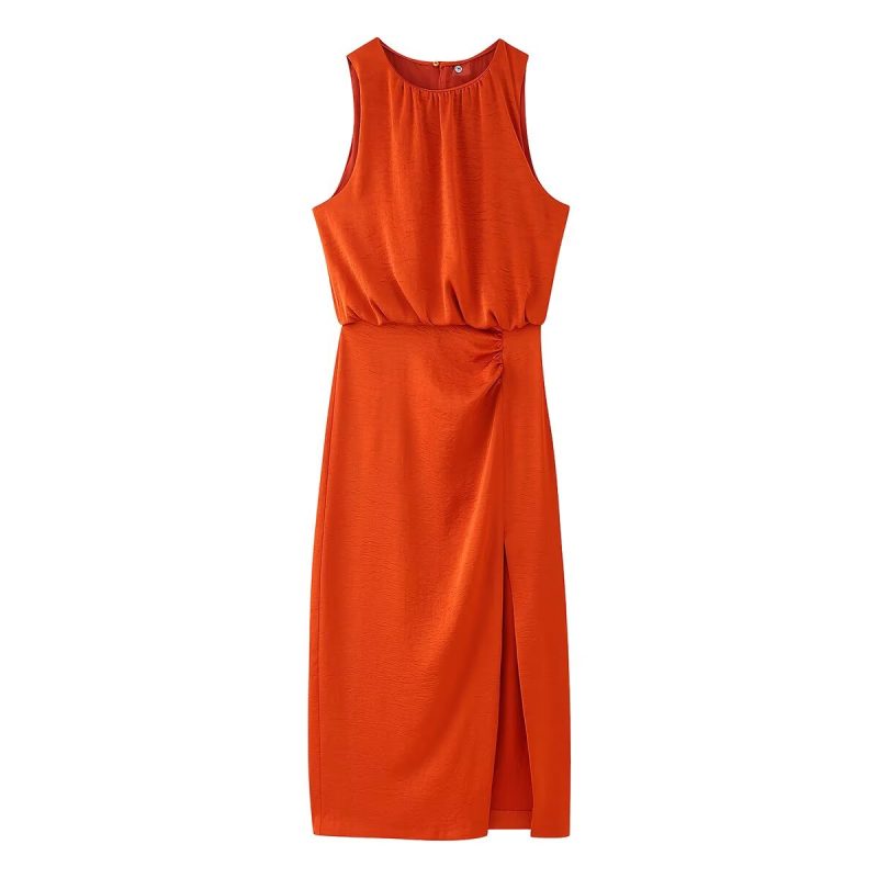 Pleated Decorative Silk Satin Dress