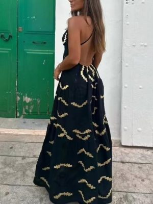 Summer V-Neck Halter Backless Slit Maxi Dress