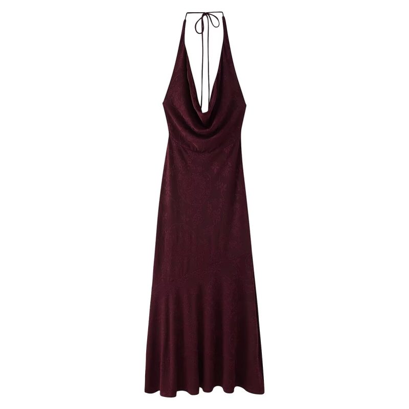 Backless Silk Satin Jacquard Halter Dress - Image 2