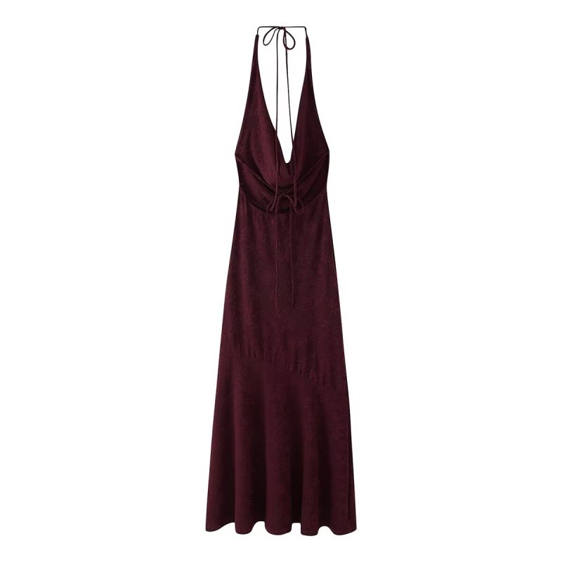 Backless Silk Satin Jacquard Halter Dress - Image 3