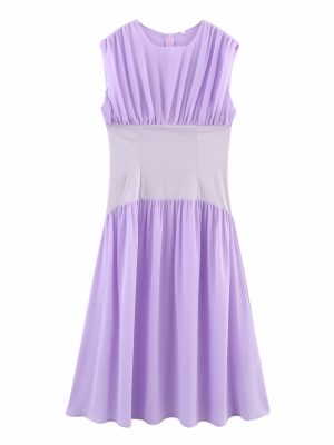 Spring Sleeveless Pleated Cinched Maxi Dress