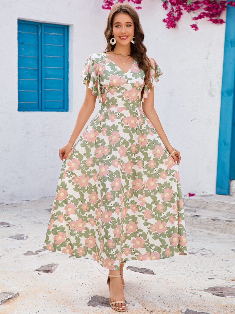 Floral V-Neck Peplum Slim Swing Dress - Image 2
