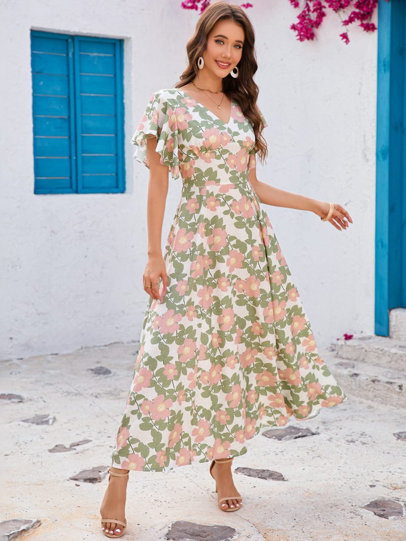 Floral V-Neck Peplum Slim Swing Dress - Image 3