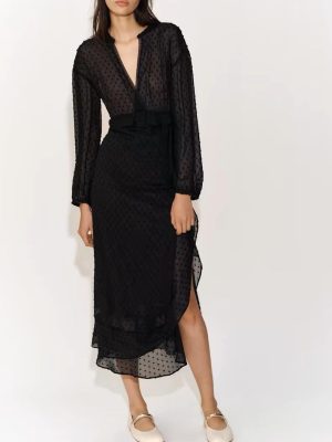 Laminated Tulle V-Neck Long Sleeve Dress
