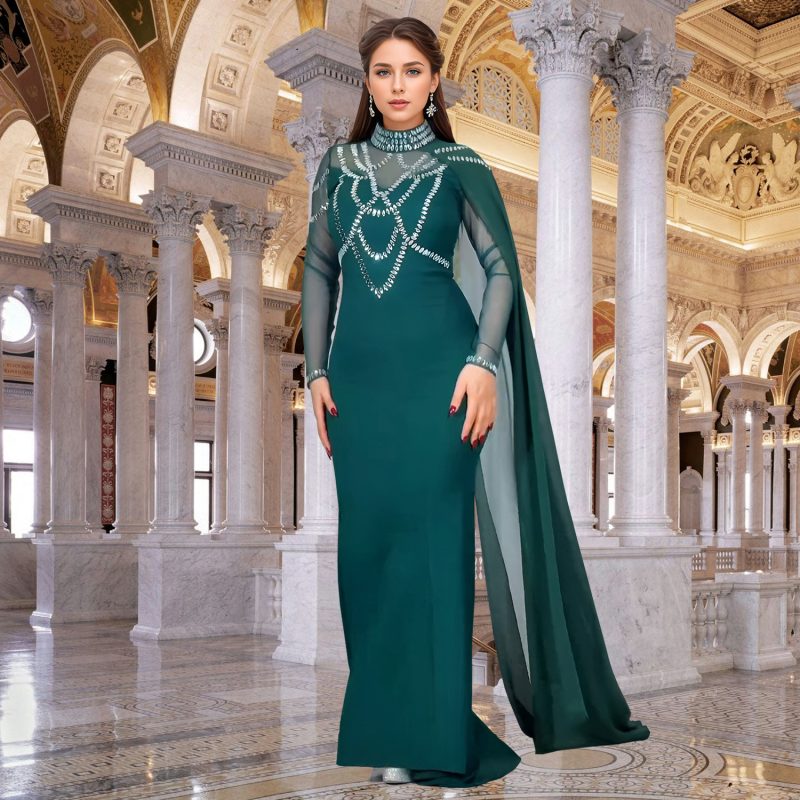 Elegant Rhinestone Shawl Dress with Slim Fit