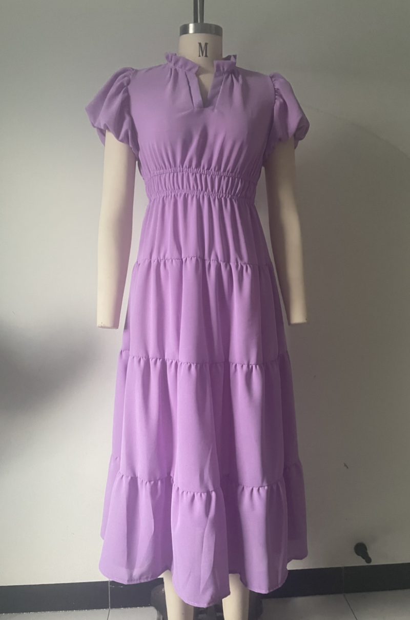 Stand Collar Puff Sleeve Formal Beach Dress - Image 4