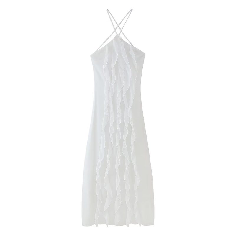 Simple Thin Ruffled Halter Lace-Up Dress