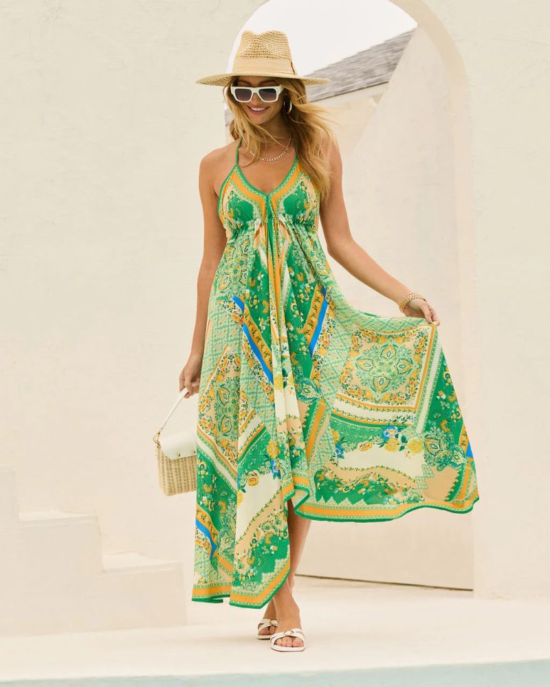 Spring Summer Off-Shoulder V-Neck Floral Spaghetti Strap Dress