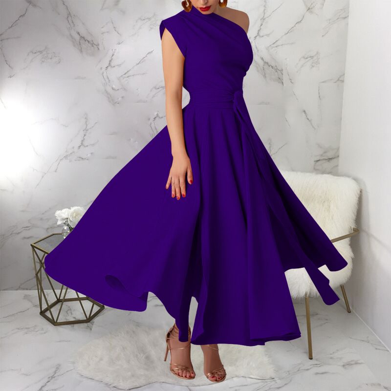 Sleeveless Diagonal Collar Waist Tight Swing Dress