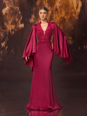 Luxury Satin Beaded Deep V Ruffle Fishtail Gown