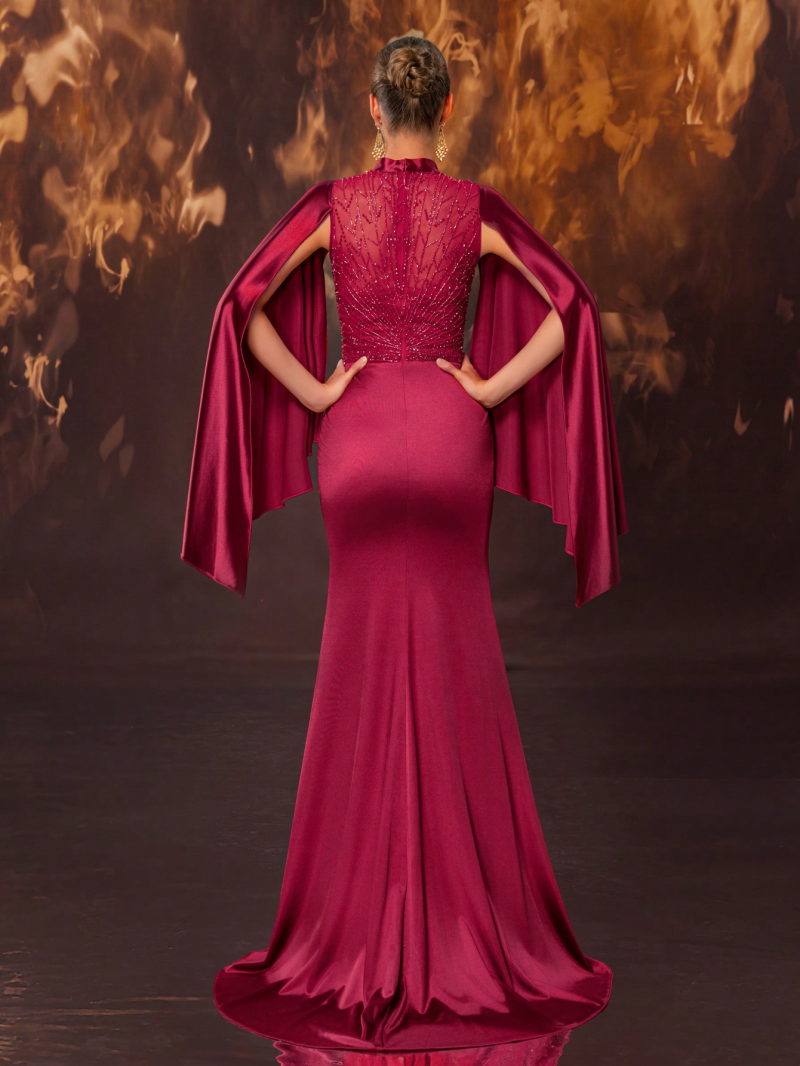 Luxury Satin Beaded Deep V Ruffle Fishtail Gown - Image 2