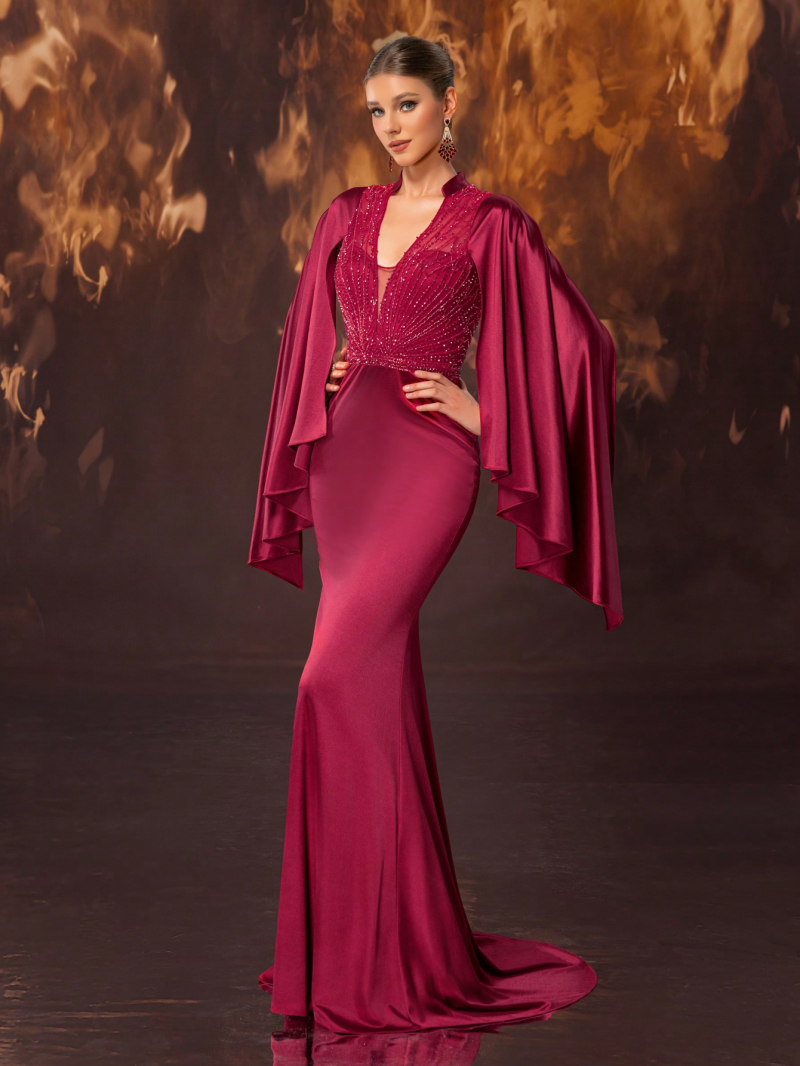 Luxury Satin Beaded Deep V Ruffle Fishtail Gown - Image 3