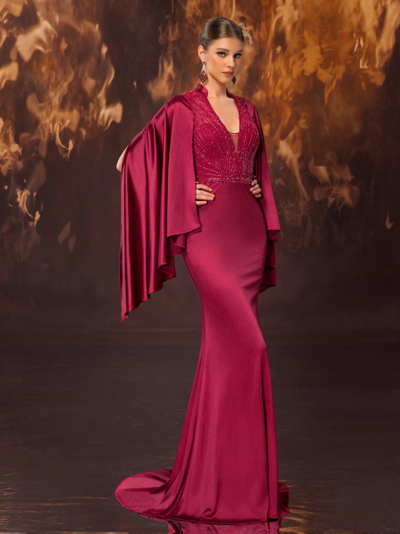 Luxury Satin Beaded Deep V Ruffle Fishtail Gown - Image 4