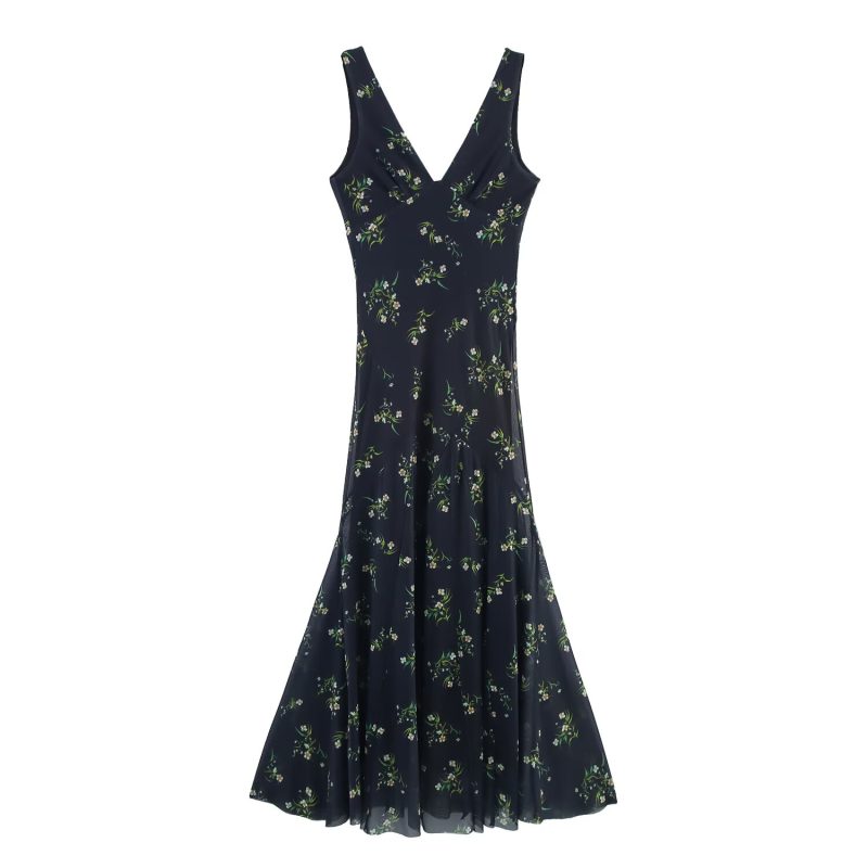 Floral Printed Silk Mesh Length Dress