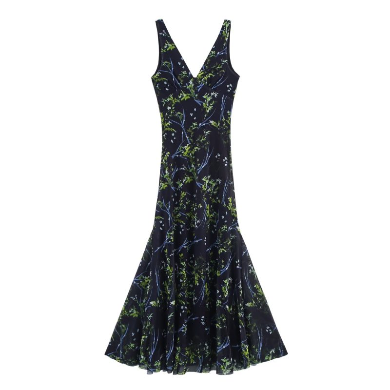 Floral Printed Silk Mesh Length Dress - Image 2