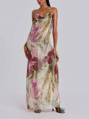 Retro Leaf Print Halter Spring Summer Dress