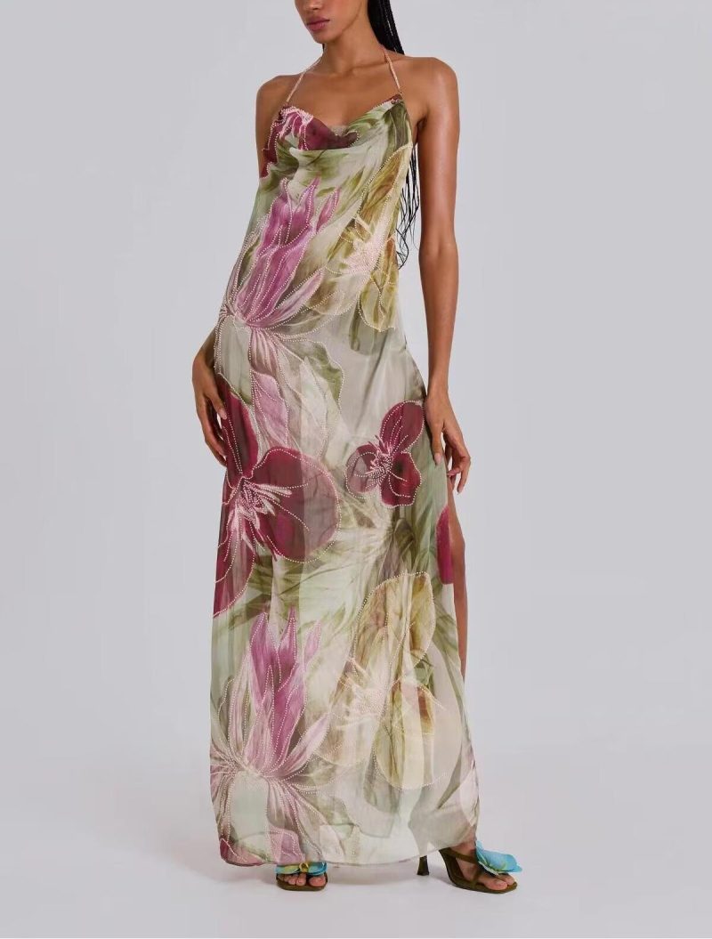 Retro Leaf Print Halter Spring Summer Dress
