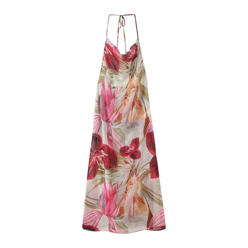 Retro Leaf Print Halter Spring Summer Dress - Image 2