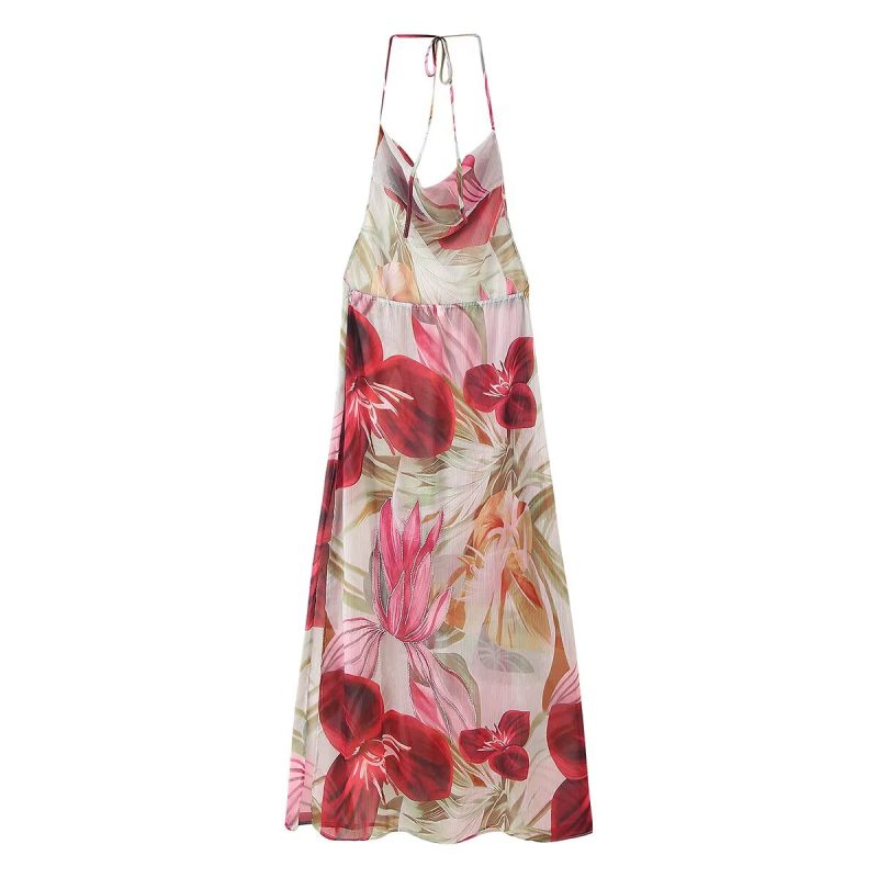 Retro Leaf Print Halter Spring Summer Dress - Image 3