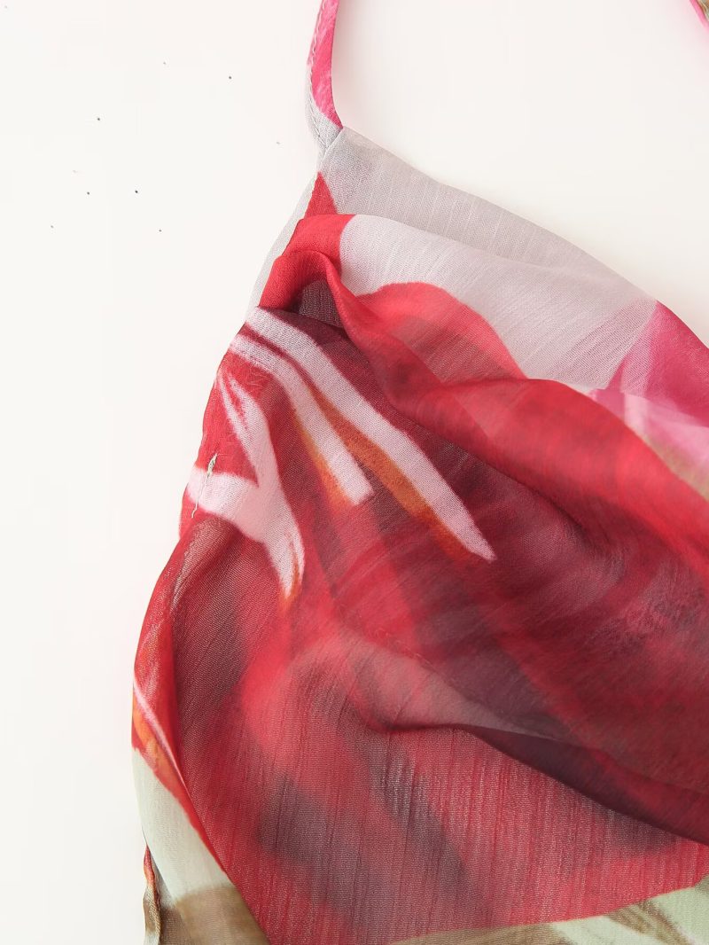 Retro Leaf Print Halter Spring Summer Dress - Image 4