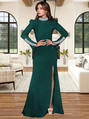 Solid Color Long Sleeve Rhinestone Split Dress