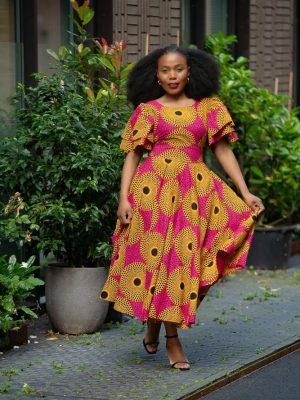 Printed Ruffle Short Sleeve Waist Trim Dress