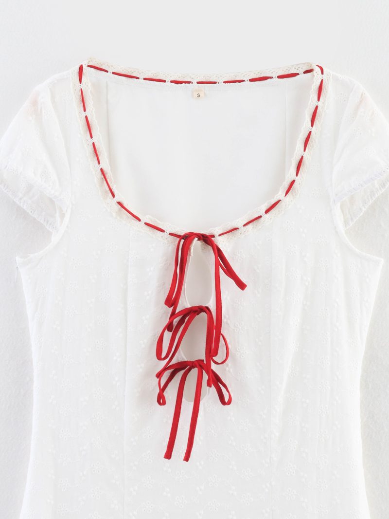 Embroidered Lace Up Dress with Lace Stitching - Image 4