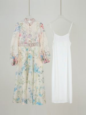 Elegant Printed Belted Dress with Lantern Sleeves