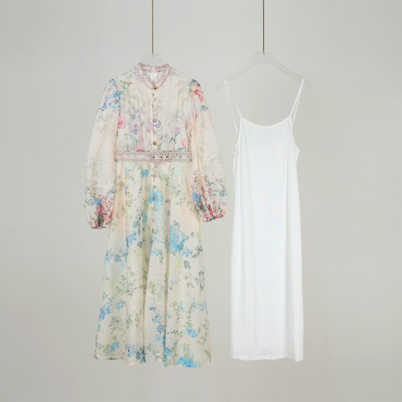 Elegant Printed Belted Dress with Lantern Sleeves