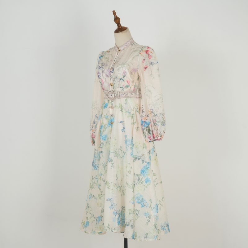 Elegant Printed Belted Dress with Lantern Sleeves - Image 2