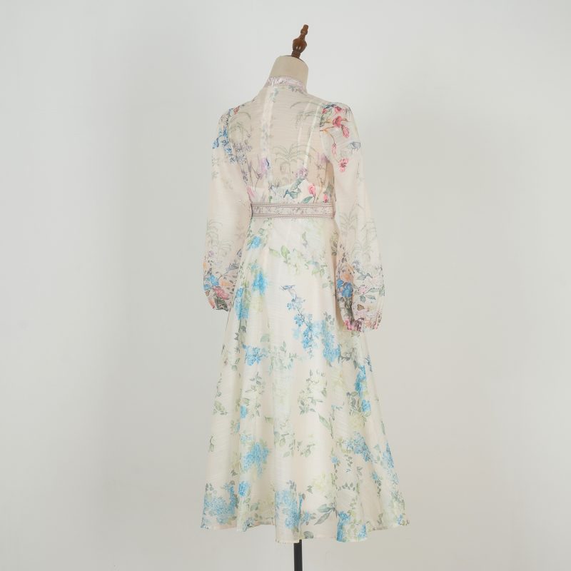 Elegant Printed Belted Dress with Lantern Sleeves - Image 3