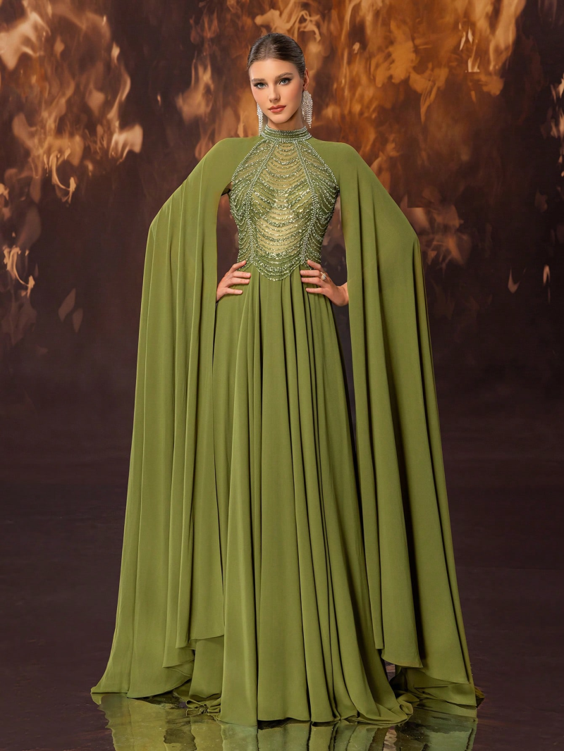 Gorgeous Beaded Chiffon High-Collar Evening Dress