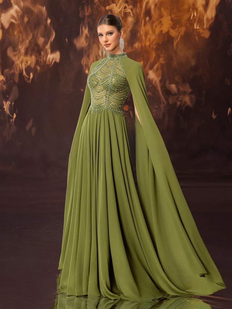 Gorgeous Beaded Chiffon High-Collar Evening Dress - Image 3