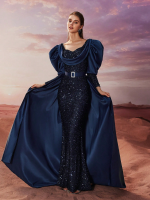 Elegant Sequin Satin Puff Sleeve Evening Dress
