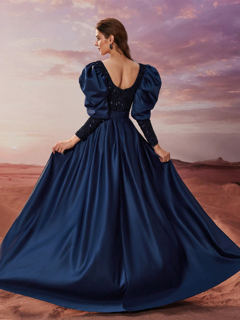 Elegant Sequin Satin Puff Sleeve Evening Dress - Image 2