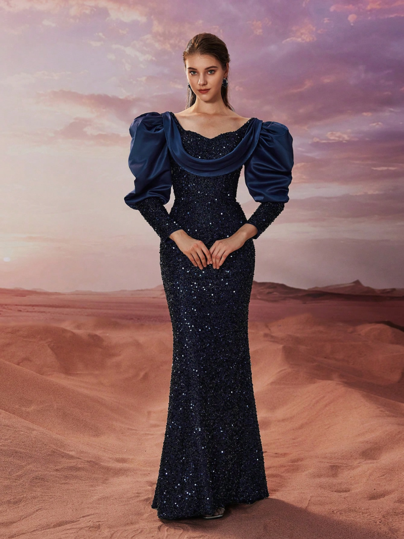 Elegant Sequin Satin Puff Sleeve Evening Dress - Image 3