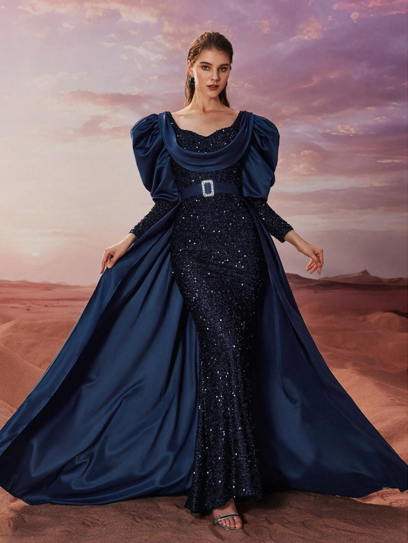 Elegant Sequin Satin Puff Sleeve Evening Dress - Image 4