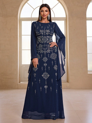 Elegant Rhinestone Asymmetric Long Sleeve Cocktail Dress