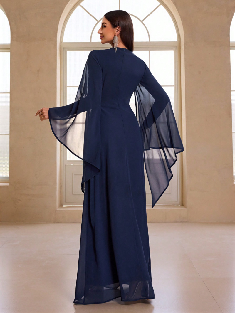 Elegant Rhinestone Asymmetric Long Sleeve Cocktail Dress - Image 2