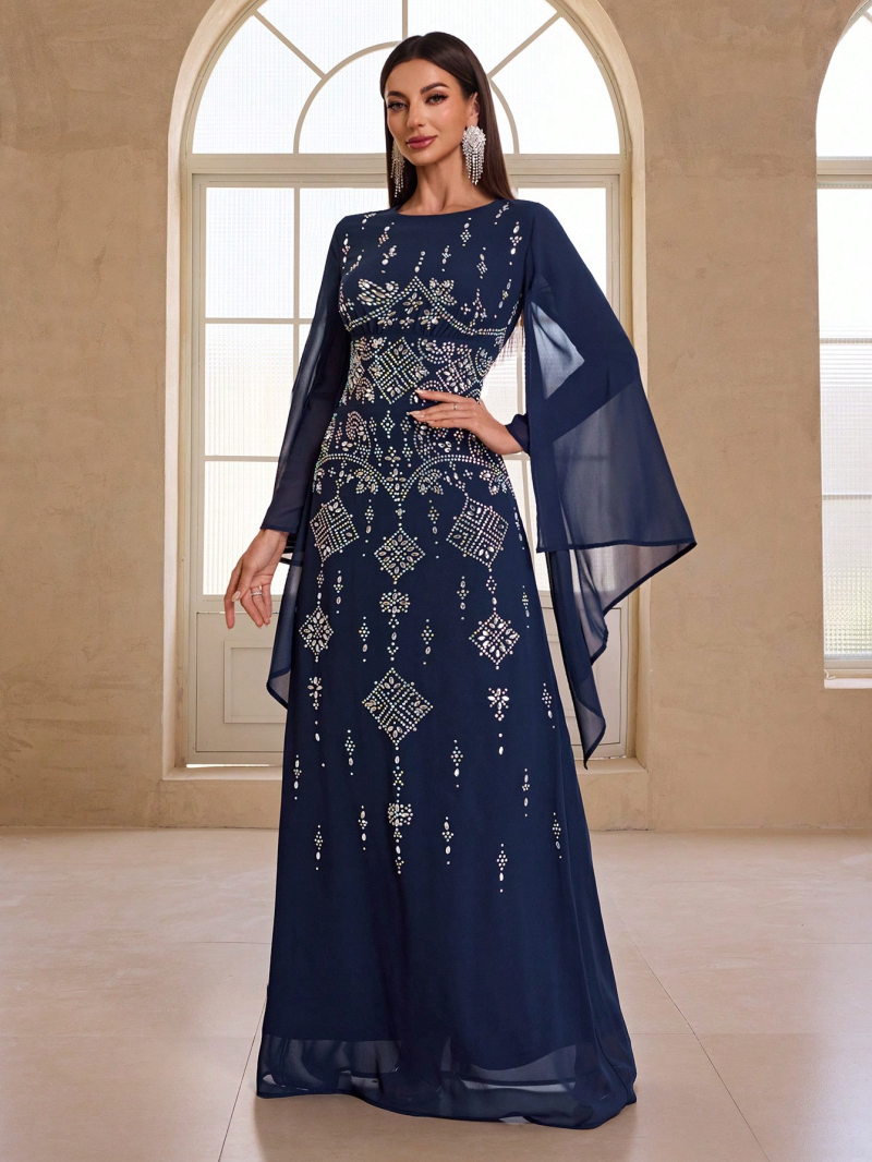 Elegant Rhinestone Asymmetric Long Sleeve Cocktail Dress - Image 3